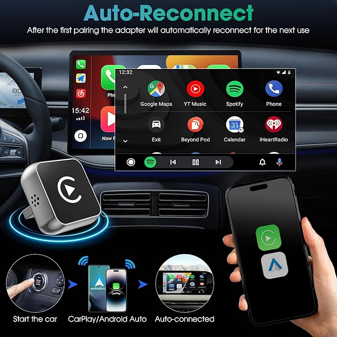Wireless CarPlay Adapter, 2026 Upgraded Wired to Wireless for Apple CarPlay & Android Auto, 2-in-1 Mini USB Design Car Play Adapter with Type-C Adapter, Plug and Play, Stable Connection with No Delay