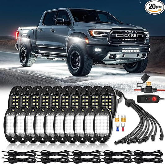 20 Pods Pure White LED Rock Lights with Extension Wires, IP67 Waterproof 6500K Super Bright White Underglow Kit for Semi Truck Sedans Trailer Offroad Pickup RV Vans Bus Under Car Lighting