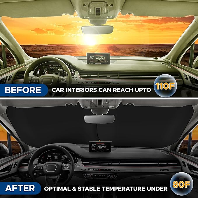 EcoNour 2 Piece Sunshade for Car Windshield, Durable 240T Polyester Car Windshield Shade Blocks UV Rays, Sun Protection for Front Window, Small 29x24, Fits Coupe, Hatchback, Small Sedan, Sports Model