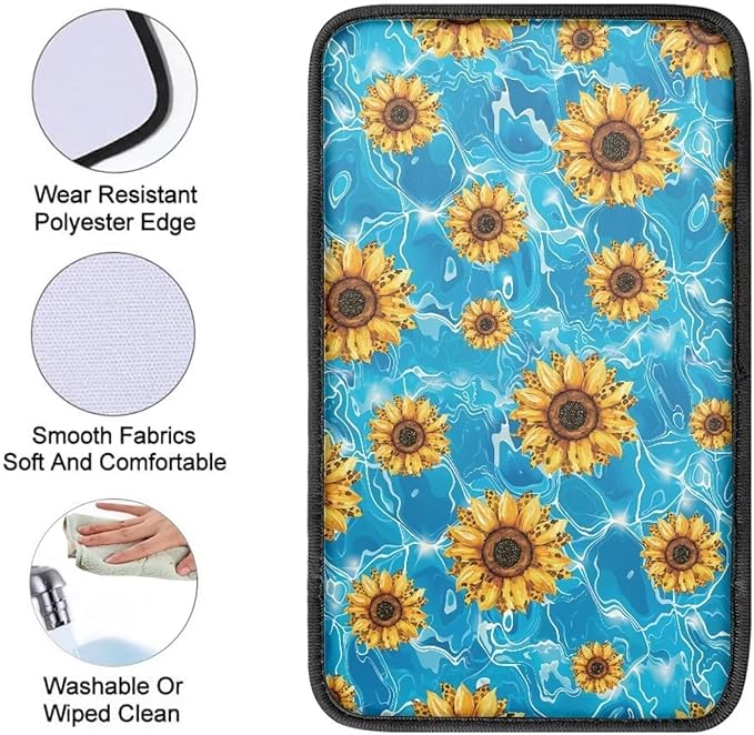 Blue Sunflower Thin Car Armrest Pads Auto Armrest Box Cover Comfortable Middle Storage Organizer Pad Universal Style Car Accessories Decor