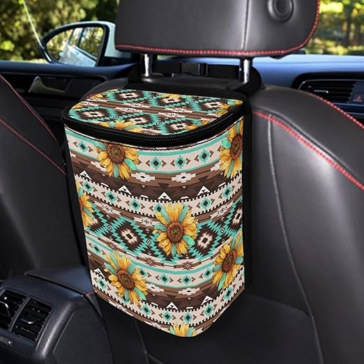 Aztec Sunflower Car Trash Can Auto Garbage Bag Car Trash Can with Lid Leak-Proof Car Storage Bag Garbage Bag Hanging for Headrest Portable Car Backseat Organizer