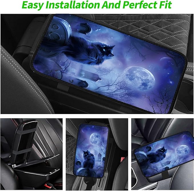 Car Armrest Cover Pads Universal Fashion Cute Auto Center Console Armrest Cover Pad with 2PCS Car Coasters Soft Waterproof Car Armrest Seat Protector for Women, Night Black Cat