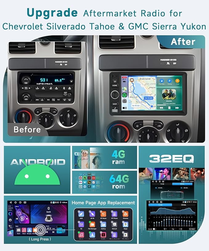 4G+64G Android 15 Car Radio Stereo for Chevy Chevrolet Silverado Tahoe SSR 03-06, GMC Sierra Yukon,Hummer H2 H3, 7'' Touchscreen with Wireless CarPlay Android Auto Backup Camera,GPS BT FM RDS Radio