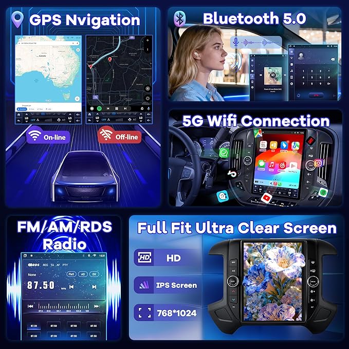 12.1" Radio Upgrade for Chevy Silverado GMC Sierra 2014-2018 8Core Sierra Stereo Android 13 T-Style Vertical Screen Headunit Wireless CarPlay Android Auto GPS 48EQ Backup Camera Mic,4+64G