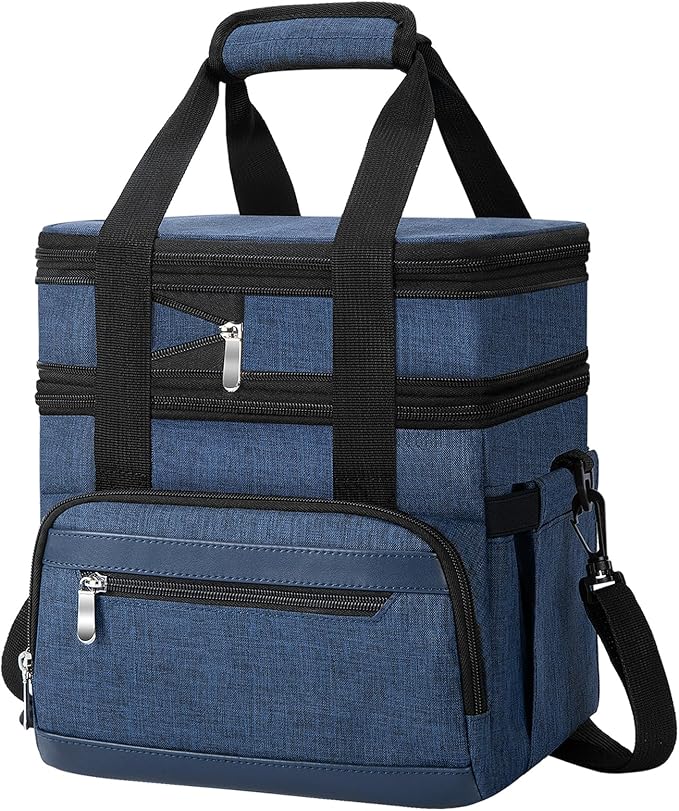 Insulated Lunch Box for Men & Women - Double Layer Leakproof Lunch Bag with Adjustable Shoulder Strap, Expandable Food Cooler for Work, Office, Travel, Camping (Dark Blue)