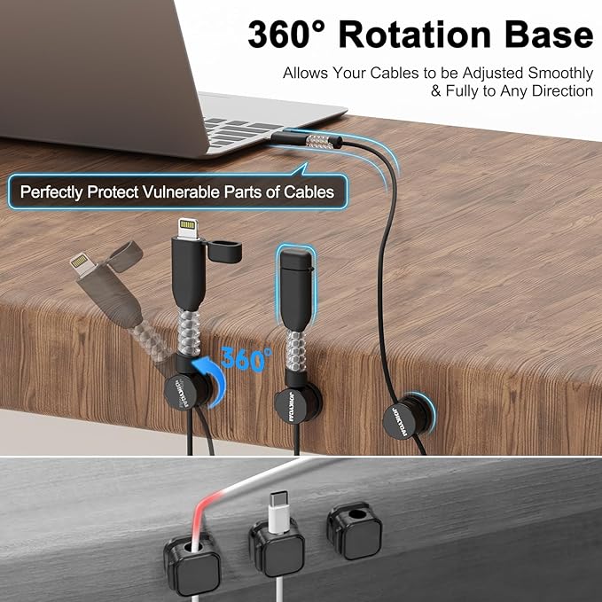 6 Desktop Cord Organizer Magnetic Spring Cable Clips Rotatable Cord Holder 2 Charging Cord Protecors for Nightstand Phone Charger Organizer Computer Desk Cable Management Appliance Adhesive Wire Strap