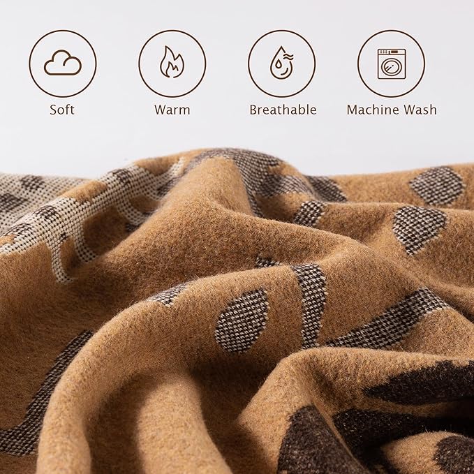 PuTian Merino Wool Blanket - Soft Warm Heavy Washable Large Bed Throw for Outdoor Camping Couch Van Travel Grass, 87x63 Khaki Boho