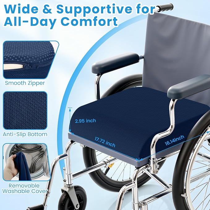 Wheelchair Seat Cushion - Cooling Gel & Memory Foam Office Chair Cushion with Non-Slip Bottom & Washable Cover, Ergonomic Car Seat Pillow for Sciatica, Tailbone, Back Comfort (Navy Blue)