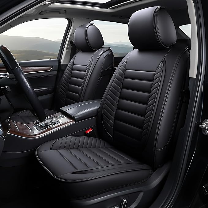 OASIS AUTO Car Seat Covers Front Seats Premium Waterproof Faux Leather Cushion Universal Accessories Fit SUV Truck Sedan Automotive Vehicle Auto Interior Protector (OS-001 Black)