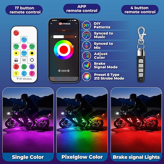 12PCS Double Row Motorcycle Led Lights with Brake Turn Signal,Underglow Light Kits with DITRIO APP/RF Remote Control, Dual Zone,Waterproof,12V Pixelglow RGB Lights for Motorcycles, Golf Carts, UTVs