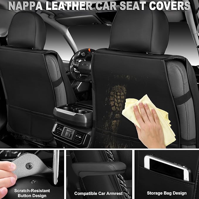 CAR PASS Nappa Leather Car Seat Covers Front Seats Only, Luxury PU Leatherette Seat Covers 2 Pack Waterproof Durable Car Seats Cushion Protector Universal Fit for Sedan SUV Pick-up Truck Van All Black