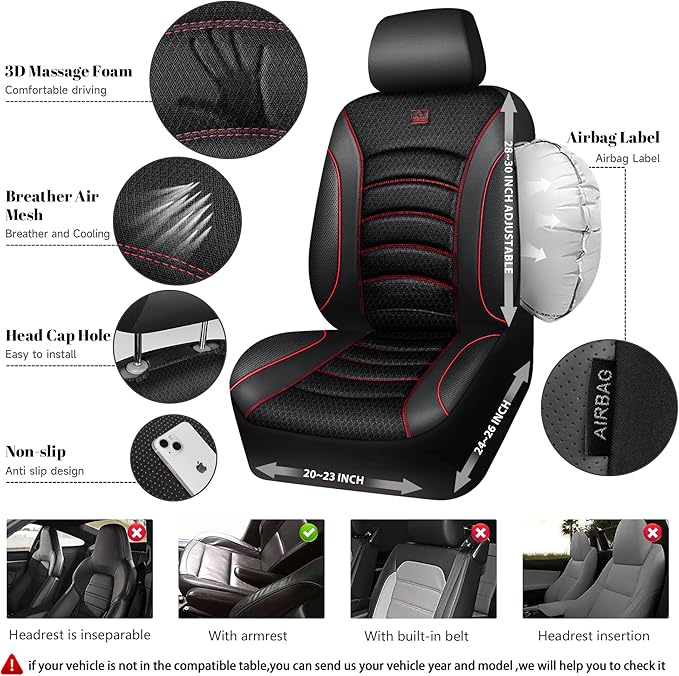 CAR PASS Comfortable 3D Foam Mesh Leather Car Seat Covers Full Sets, Air Cool Mesh Breathable Seat Covers for Car, Universal 5 Seats Fit for SUV Truck Sedan Automotive, Airbag Compatible,Black Red