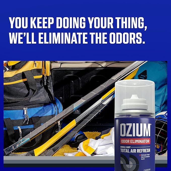 OZIUM Air Freshener Odor Eliminator, 2oz Single Shot Total Air Refresh & Car Air Freshener – Carbon Black – 4 Pack