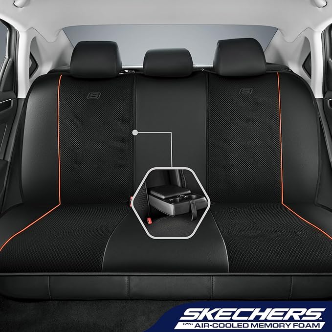 Skechers Air-Cooled Memory Foam Seat Covers,Mesh Thick Car Seat Covers,Piping Leather Car Seat Cover,Airbag Compatible,Automotive Comfort for Most Cars, Vans, Trucks, SUV(Orange, Full Set)