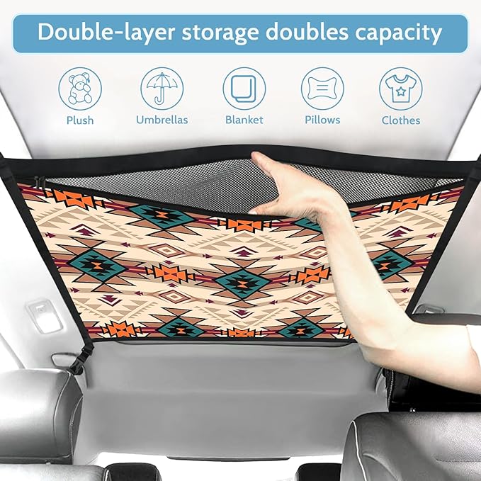 Aztec-Style Car Storage Mesh Organizer Ceiling Cargo Net Double-Layer Adjustable Zipper Truck SUVs Travel Road Trip Essentials etc. Interior Organizer