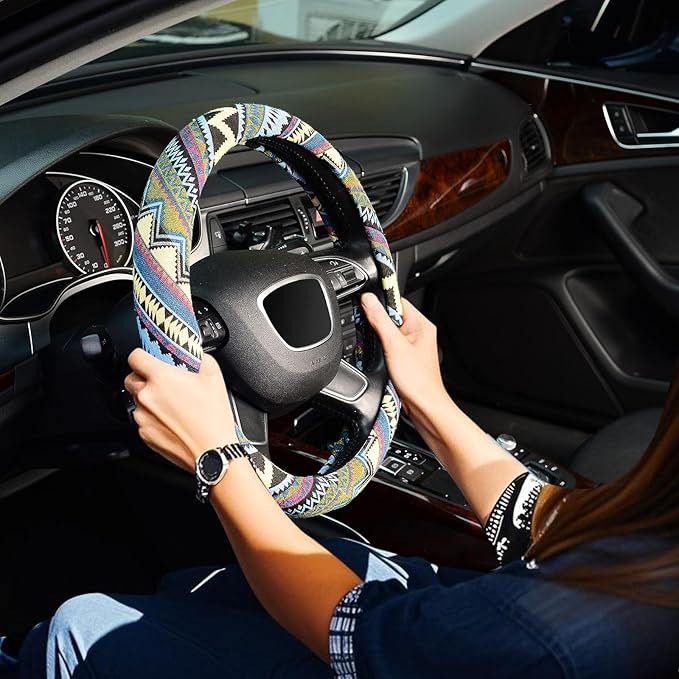 KAFEEK Boho Steering Wheel Cover for Men Women,Ethnic Style, Breathable, Anit-Slip, Car Steering Wheel Protector Cloth Bohemian Universal Fit 14.5-15 Inch