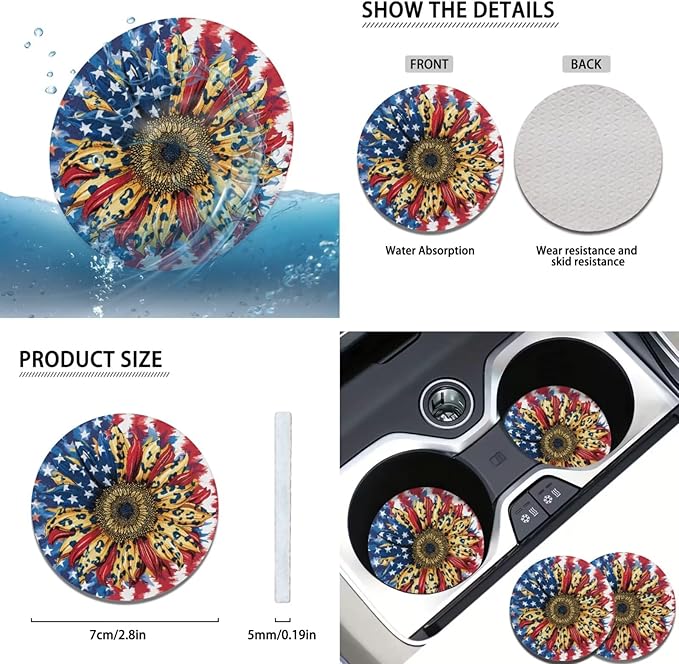 American Flag Steering Wheel Cover Car Accessories for Women Sunflower Print Car Armrest Cover Handbrake Coer Auto Interior Sets-6pcs