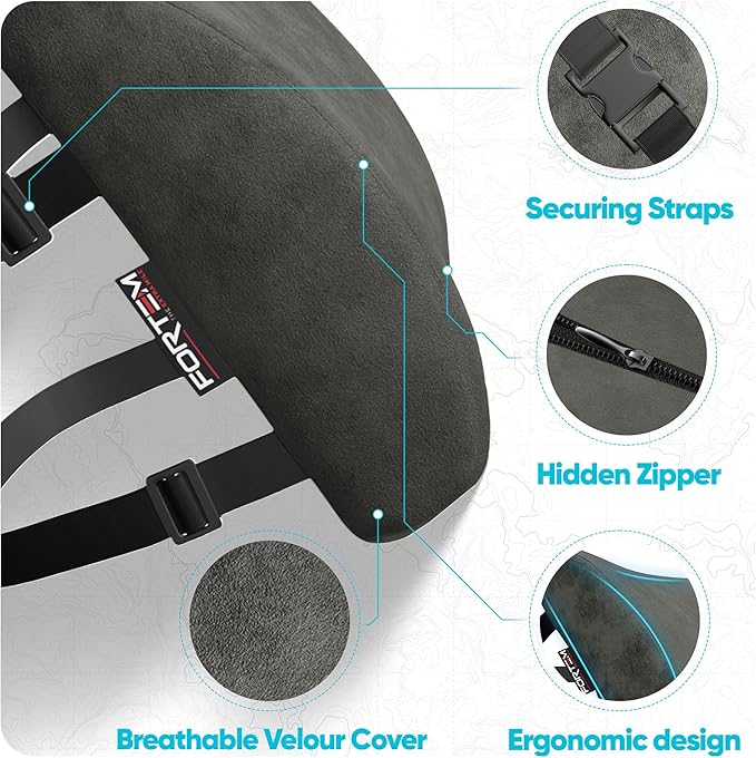 FORTEM Lumbar Support Pillow for Office Chair, Lumbar Support Pillow for Car, Back Rest for Gaming, Memory Foam Pillow, Desk Chair Cushion, Breathable & Washable Cover, Adjustable Straps