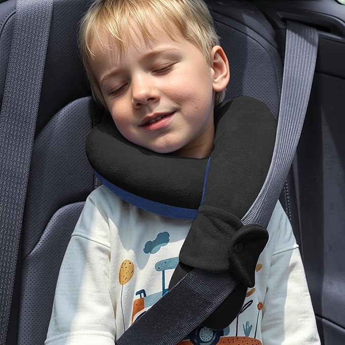 Kids Travel Neck Pillow, Toddler Travel Pillow for Car & Airplane and Head & Chin Support, Comfortably Travel Neck Pillow for Road Trip Sleeping, Gifts for Toddler/Child/Kids (Black & Light Blue)