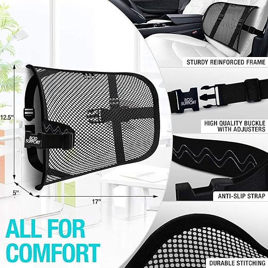 Lumbar Support - Breathable Mesh Office & Car Chair Back Support with Double Adjustable Straps for All-Day Comfort