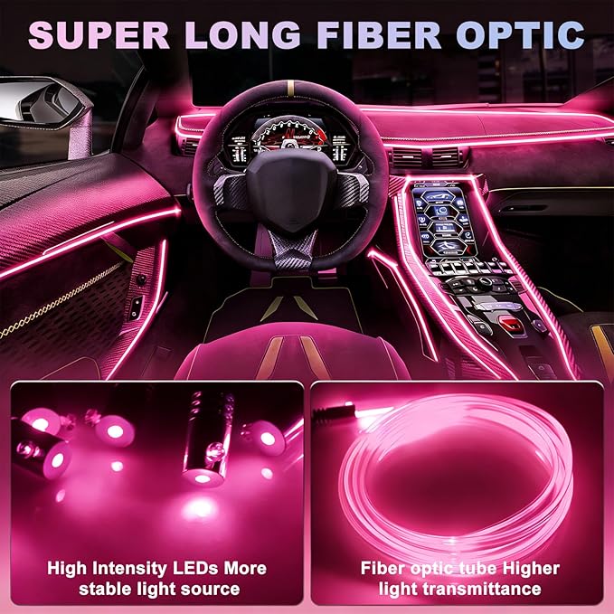 Car Interior LED Strip Lights, 10m RGB 8 in 1 Car Ambient Decor Neon Lights Kit 400 inches Fiber Optic tubing USB Powered RGB with Wireless APP Remote Control, Ambient Lighting Kits 16 Million Colors