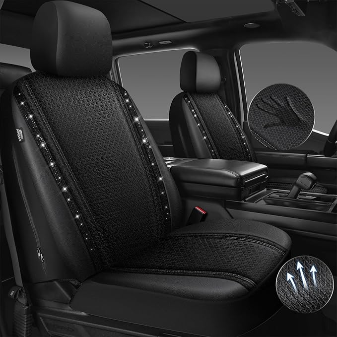 CAR PASS Memory Foam Mesh Bling Diamond Car Seat Cover 2 Front Seats Breathable Soft Sponge Universal Shining Glitter Sparkly Crystal Fit Armrest Automotive Truck SUV Cute Women Girl, Black Rhinestone