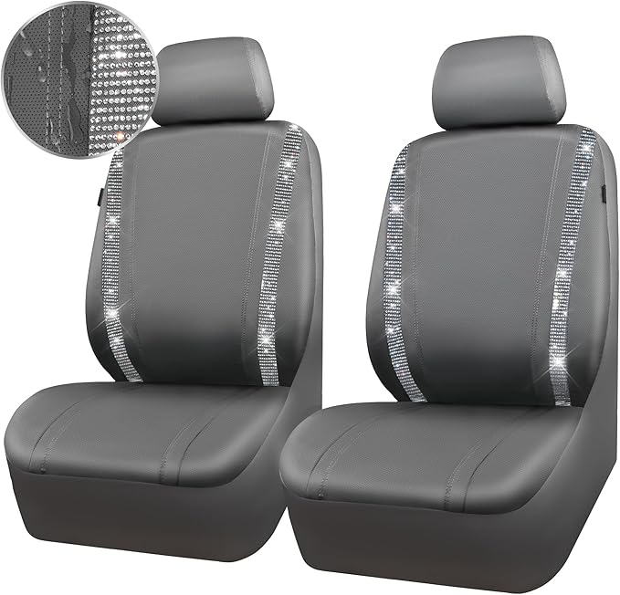 CAR PASS Gray Leather Bling Diamond Car Seat Covers 2 Front Interior Sets, Waterproof Universal Shining Glitter Crystal Sparkle Fit for 95% Automotive Truck SUV Cute Women Girl, Gray Rhinestone
