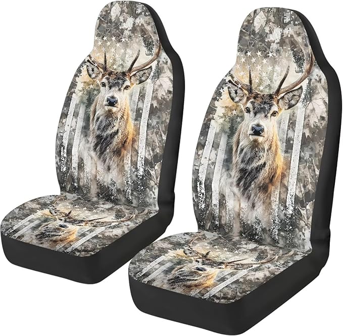 ELEQIN Deer Camo US Flag Car Seat Covers Two Front Only for Car, Automotive Interior Covers, Quick Setup Universal Fit Seat Covers for Car, Truck, SUV