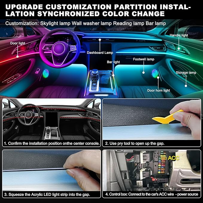 Dreamcolor Acrylic Interior Car LED Strip Light with Wireless APP, RGB 14 in 1 with 175 inches 593 Neon Car Ambient Lighting Kits, Dual Zone Music Sync LEDs Fiber Optic Strip Neon Lights for Car