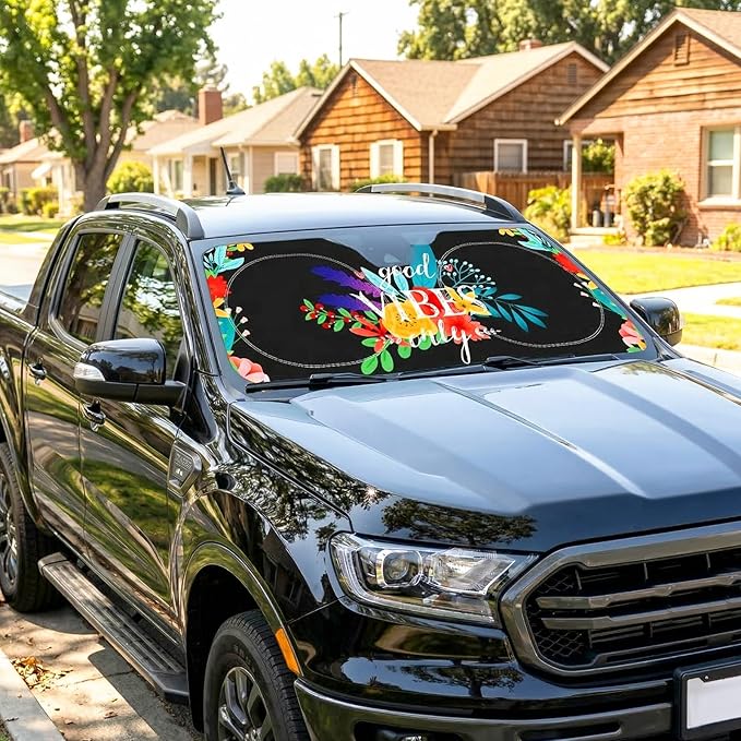 63"x28.5" Car Windshield Sun Shade with Storage Pouch, Stylish Printed Front Window Sunshade with Double Ring Frame, Universal Fit Foldable Heat Blocker & UV Protector for SUV, Sedan (Good Vibes)