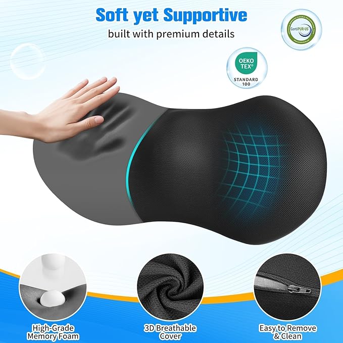 Lumbar Support Pillow for Office Chair - Memory Foam Lumbar Pillow with Detachable Strap & Breathable Cover, Ergonomic Back Support for Office Chair, Car, Bed Rest (Black)