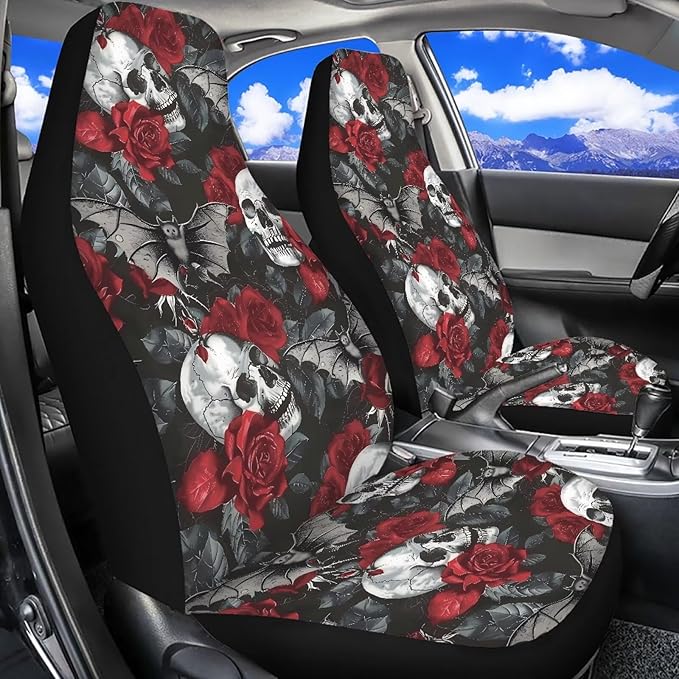 Skull Red Rose Car Seat Covers Universal Front Car Seats Anti-Slip Back Fabric Removable Automotive Accessories Suitable for Cars, SUV and Trucks