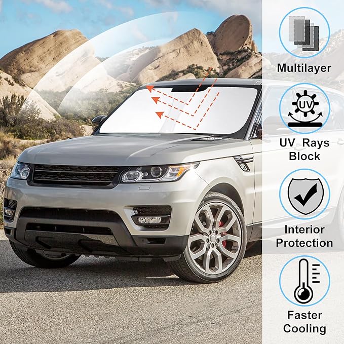 Windshield Sun Shade Custom Fit for 2014-2022 Land Rover Range Rover Sport Accessories Foldable Sunshade Sun Blocker Protect Car from Sun Rays & Heat Damage Keep Car Cooler