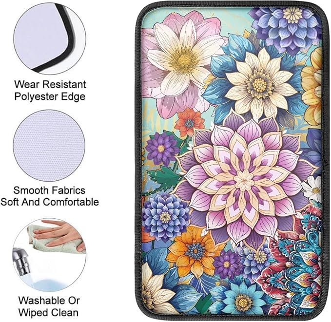 UNICEU Car Center Console Armrest Cover Pad for Women, Boho Flowers Bright Blossom Auto Interior Decor Neoprene Car Armrest Box Protector Cover