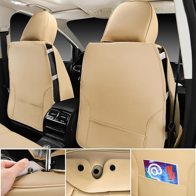 CAR PASS Beige Leather Car Seat Covers, Breathable Waterproof Nappa Automotive Seat Covers Full Set, Anti-Slip Driver Seat Cushion with Backrest Universal Fits SUV Pick-up Truck Sedan, Wood Grain