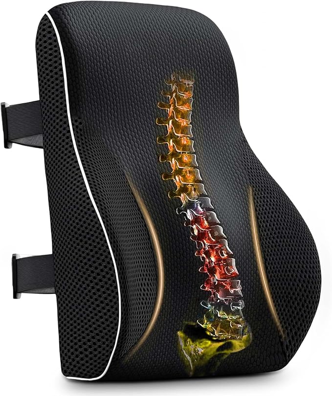 Lumbar Support Pillow for Office Chair and Car, Premium Memory Foam Back Cushion for Back Pain Relief Improve Posture Ergonomic Cushion with Breathable Mesh Cover and Adjustable Straps
