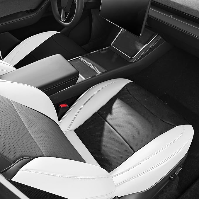 for Tesla Model 3 Seat Cover 2024 2025 Long Range (Not for Performance) Waterproof Nappa Leather Seat Cover Full Set for Tesla Model 3 (T3-Black+White 24-25)