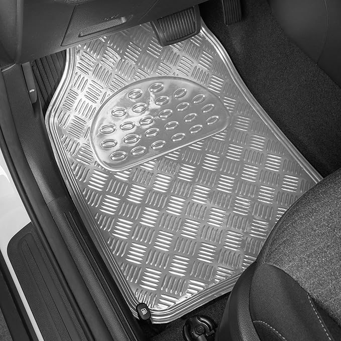 BDK Metallic Chrome Car Floor Mats All-Weather Universal Fit Automotive Floor Mats for Cars SUVs, Floor Mats for Trucks, Car Mats Full Set Front & Rear, Non-Slip Backing - Silver
