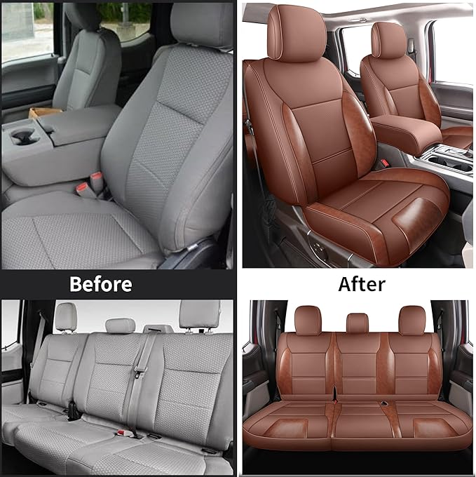 Red Rain Custom Fit for Ford F150 Super Crew/Crew Cab 2015-2025 XL XLT STX Brown and Orange Leather Car Seat Cover Full Set 5 Seater (F150-Brown+Orange)