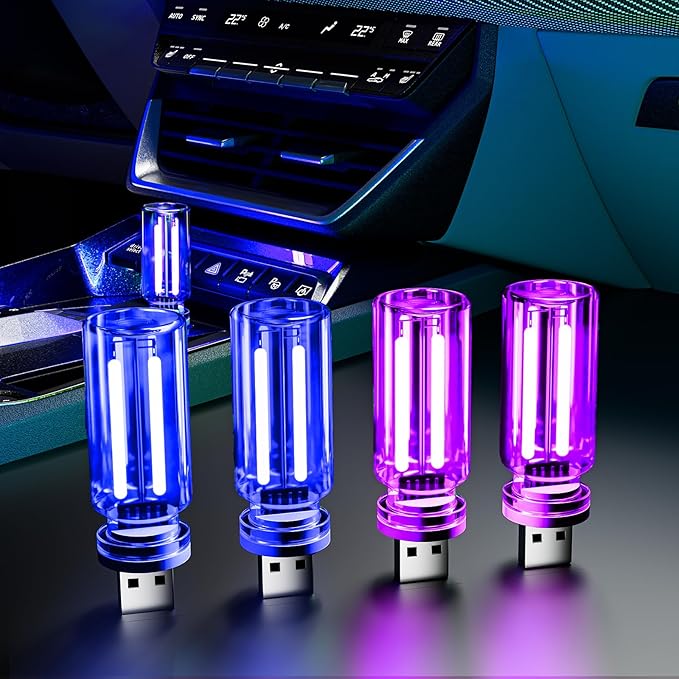 4 PCS USB Night Light, Touch Dimmable Mini USB LED Car Interior Ambient Lights, Portable Plug-in Glass Bottle Night Lamp for Car, Tent, Desk, Bedside(2Blue&2Purple)
