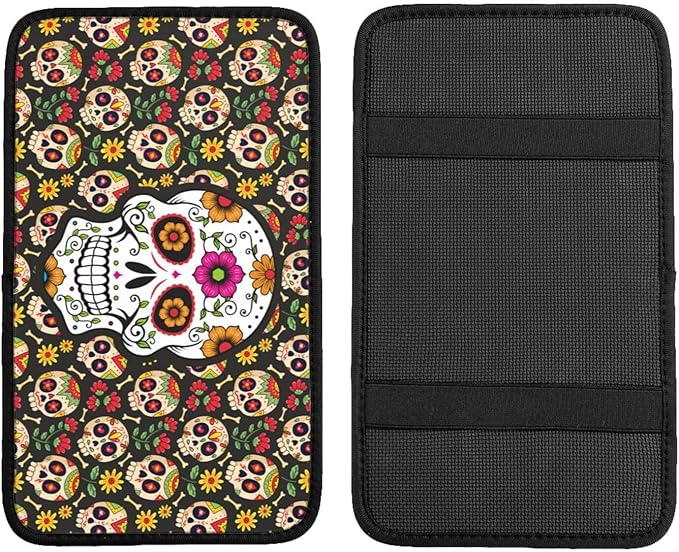 Universal Car Center Console Cushion Pad, Sugar Skull Soft Waterproof Car Center Console Cover Auto Armrest Seat Box Cover Protector for Most Vehicle SUV Truck Car