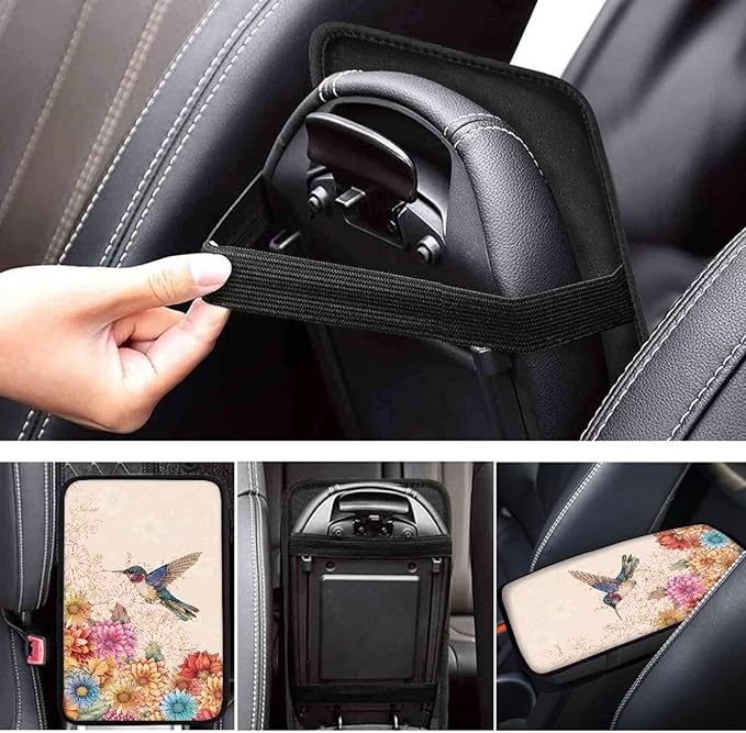 Center Console Armrest Cover Pad for Most Vehicle, Boho Flower Hummingbird Armrest Cushion Protector for SUV, Truck, Car,Universal Fit Car Accessories Interior