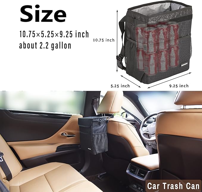 SIBOFUEGO Cute Car Trash Can with Lid – Multipurpose Collapsible Trash Bin for Car, Leak-Proof Organizer, Waterproof Garbage Can with Storage Pockets & Adjustable Straps, 2 Gallons (Black Leopard)