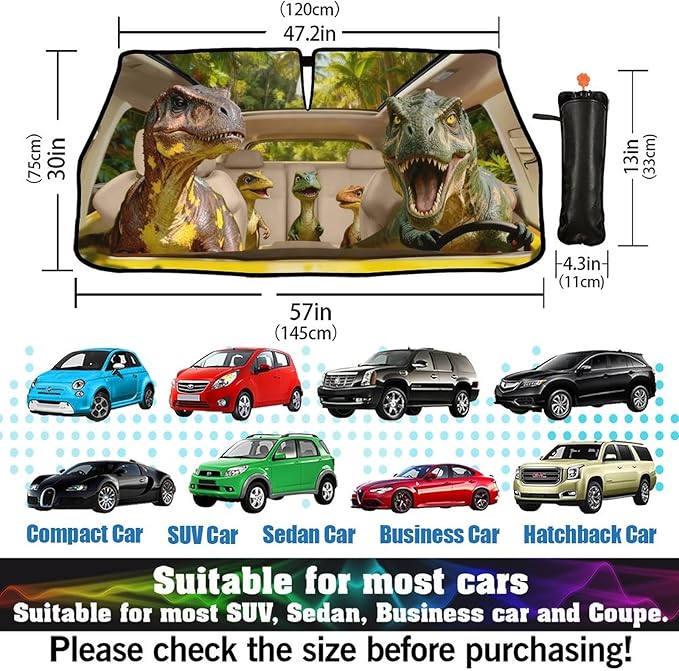CHILL·TEK Funny Animal Car Windshield Sun Shade Umbrella, Dinosaur Driving Car Sun Shade Umbrella, Block UV Rays Heat Foldable Windshield Umbrella Sun Visor Protector - Keep Vehicle Cool for Cars SUV