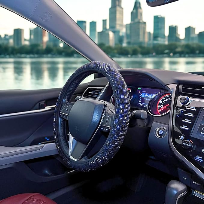Lord AutoFashion Luxury Universal Steering Wheel Cover 15 Inch Rhinestone Crystals Velour Anti-Slip for Women Girls Men Boys Car Accessory Bling Diamonds (Black/Blue JX08)