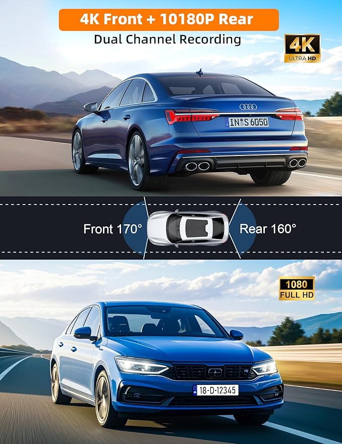 4K Dash Cam Front and Rear, 64GB Card Included, 4K+1080P Dual Dash Camera for Cars with WiFi App, Super Capacitor, WDR Night Vision, 3" IPS Screen, 170° Wide Angle, 24H Parking Mode, G-Sensor