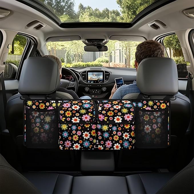Colorful Hippie Flower Car Trunk Organizer and Storage, Large Capacity Backseat Hanging Storage with 4 Bag Car Accessories, Backseat Car Organizer Universal for Cars, Truck