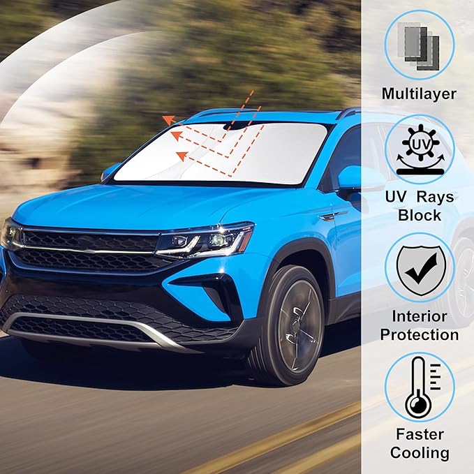 Windshield Sun Shade Custom Fit for 2022 2023 2024 2025 2026 Volkswagen VW Taos Accessories Foldable Sunshade Sun Blocker Protect Car from Sun Rays & Heat Damage Keep Car Cooler