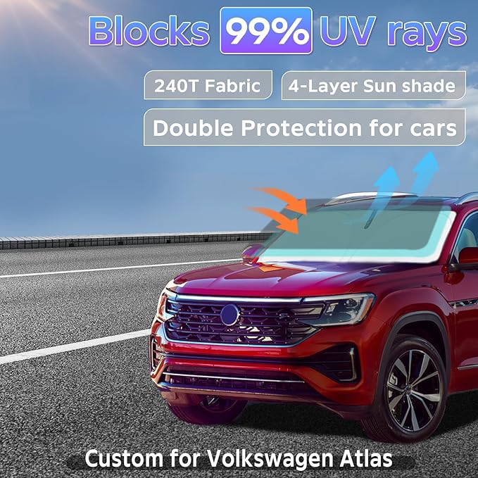 Sun Shade Sunshade for Volkswagen Atlas 2018-2025 2026 Windshield Cover, 4-Layers Sun Shield 250T Silver Coating Sun Visor for VW Atlas Cross Sport Foldable Window Shade Blocks UV Rays Accessories
