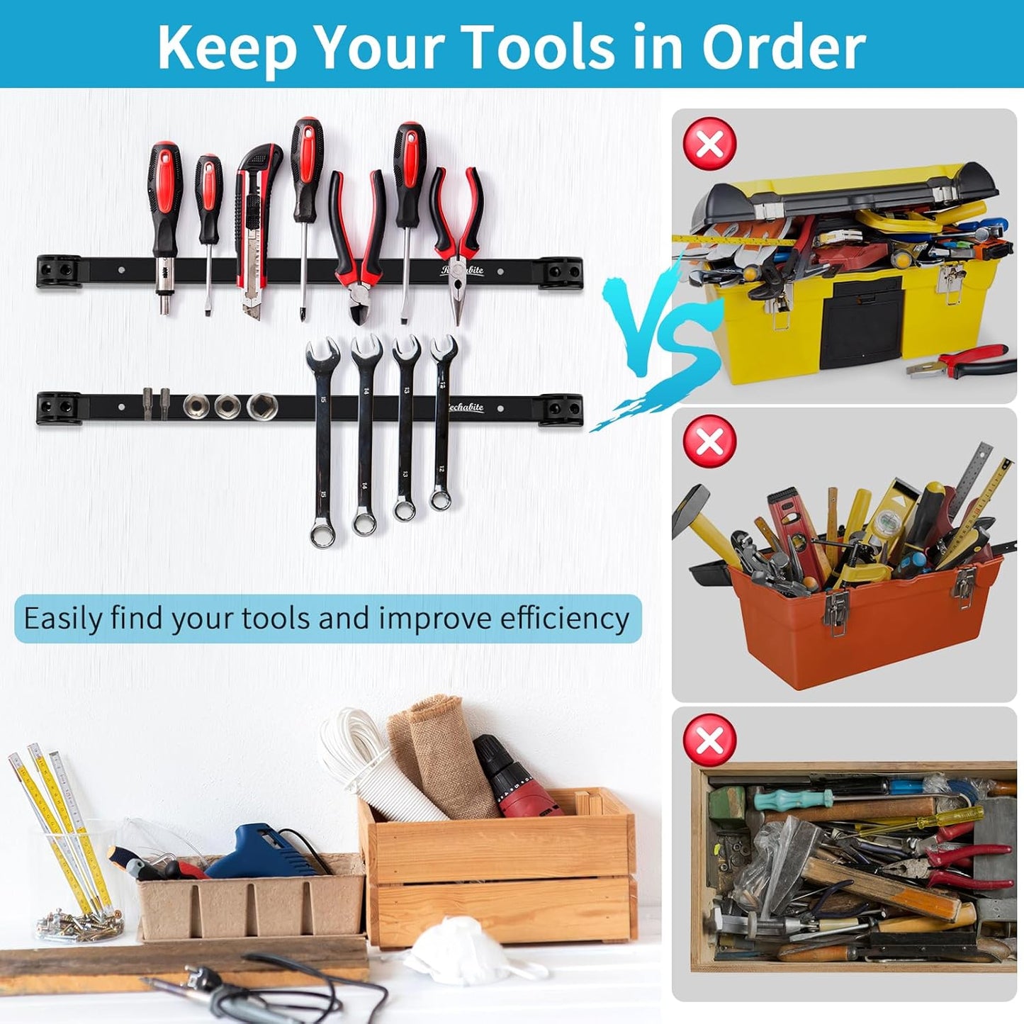 12" 18" 24" Magnetic Tool Holder Strip, Black Magnet Bar, Metal Tool Organizer Rack for Garage Organization, Easy To Install in Workshop, Mounting Screws Included
